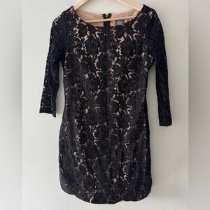 Vince Camuto Black Lace Floral Dress Nude‎ Underlay  3/4 Sleeve Size 10